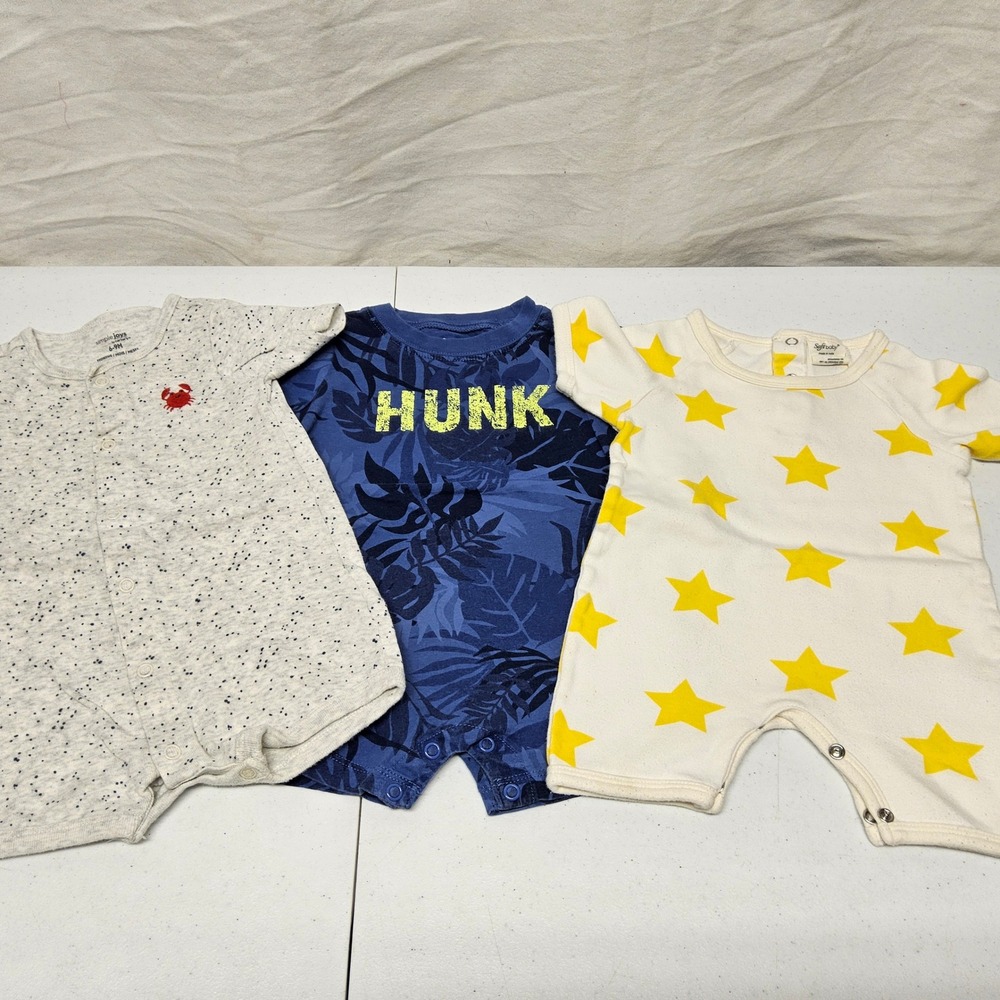 Carters Softbaby Rompers Baby‎ Boy 6-12M Blue White Yellow Star Crab 3pc Lot